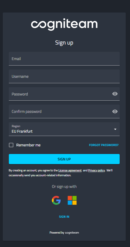 Sign up screen